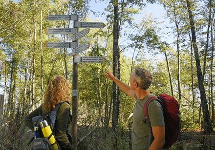 Twee mensen voor een wandelwegwijzer