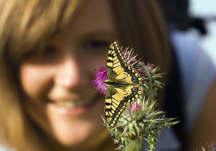 Vrouw kijkt naar een bloem met een vlinder