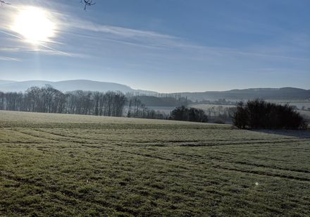Uitzicht over Lage-Hörste in de winter, ruw gras op de voorgrond